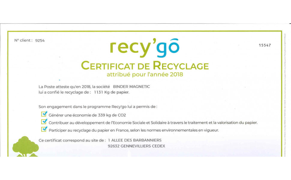 Certificat de recyclage